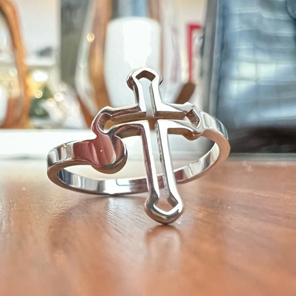 Silver Cross Ring, Adjustable - Picture 2 of 4
